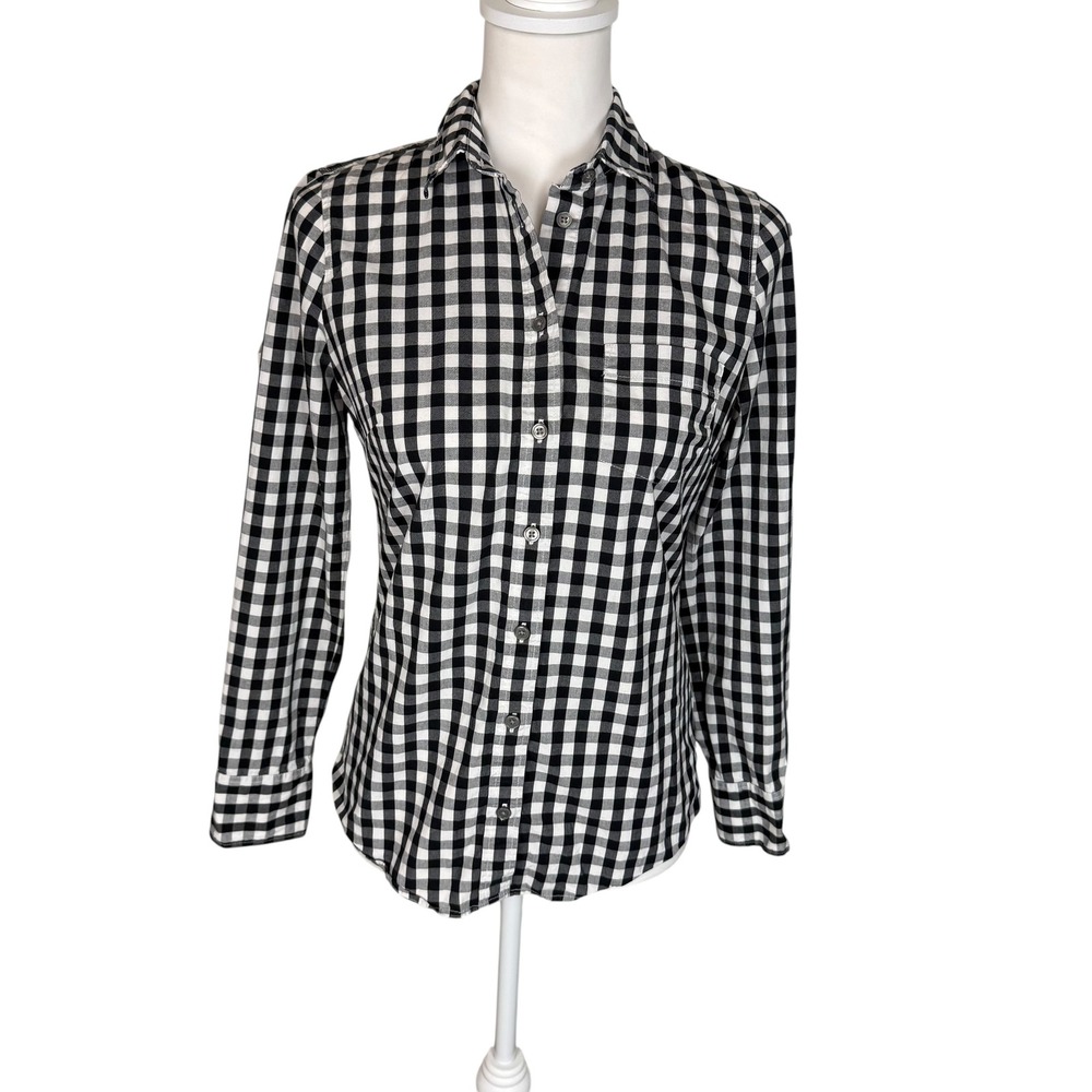 J.Crew Womens Black White Gingham Check Button Down Shirt XS Long Sleeve Stretch